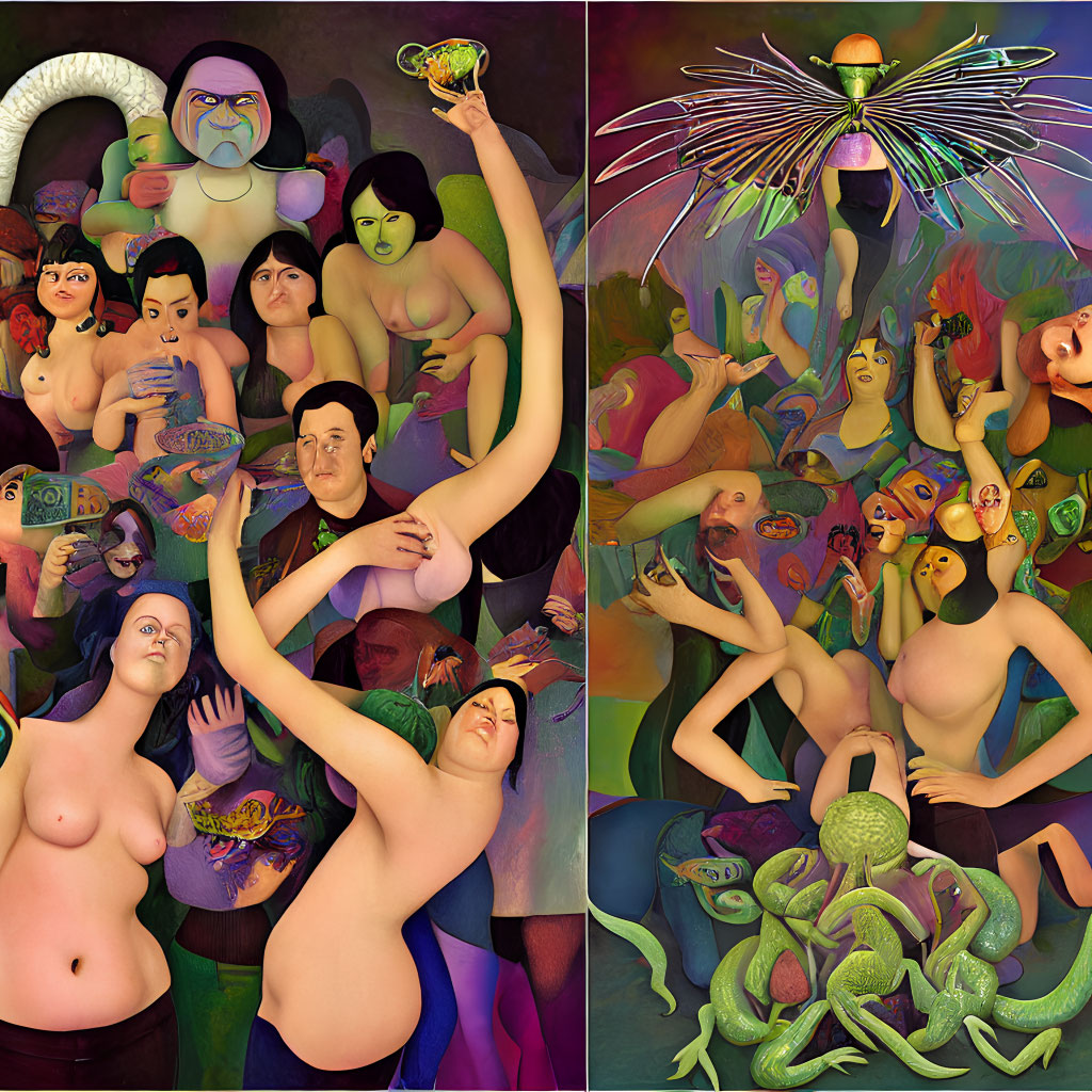 Surreal diptych featuring cartoonish human figures and fantastical elements.