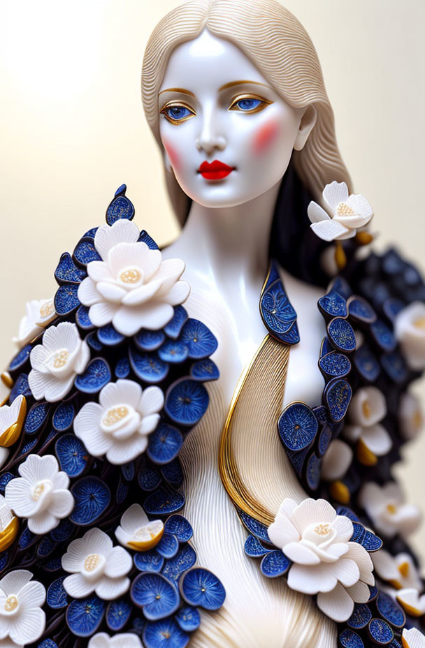 Pale-skinned female figure in blue & white floral gown with red lips & blue eyes