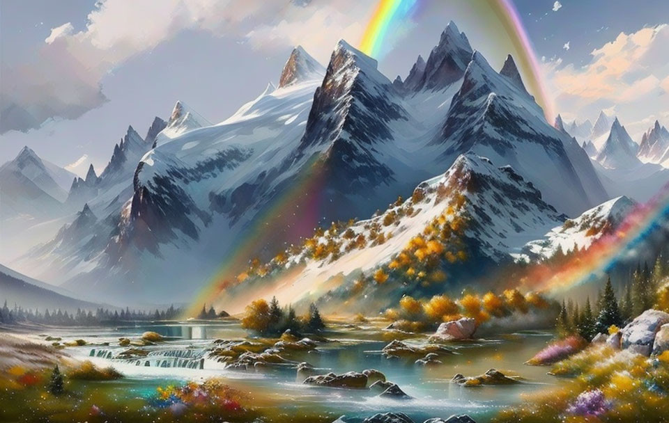 Snow-capped mountains, rainbow sky, serene lake, lush flora