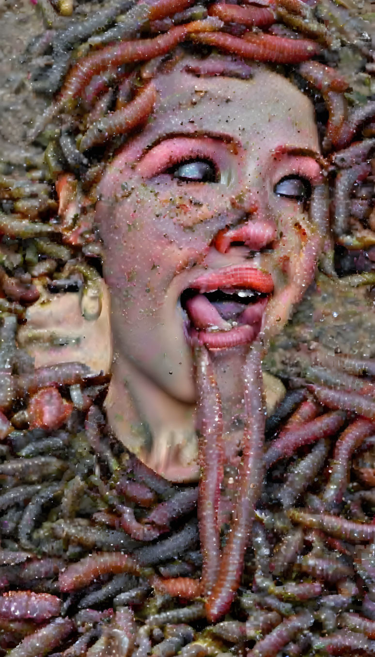 Person with playful expression covered in worm-like texture