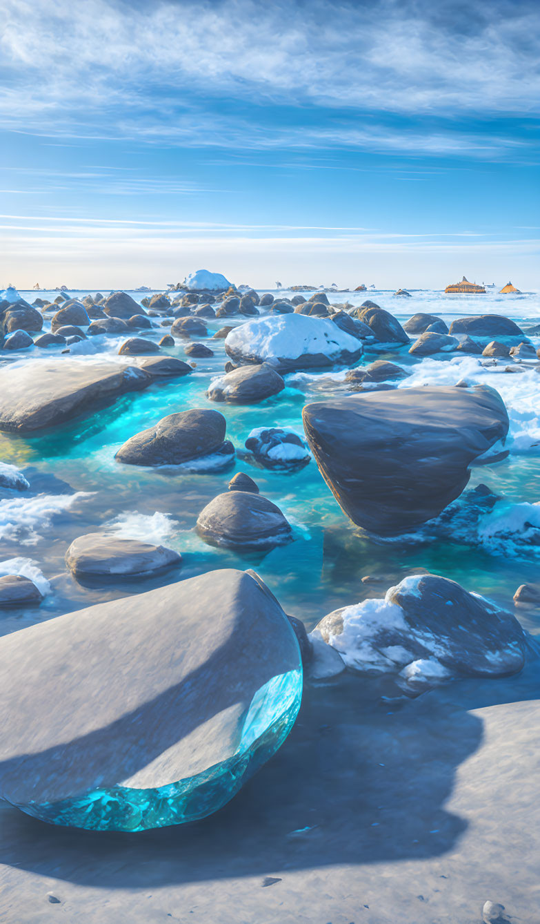 Tranquil winter landscape with frozen rocks and turquoise waters