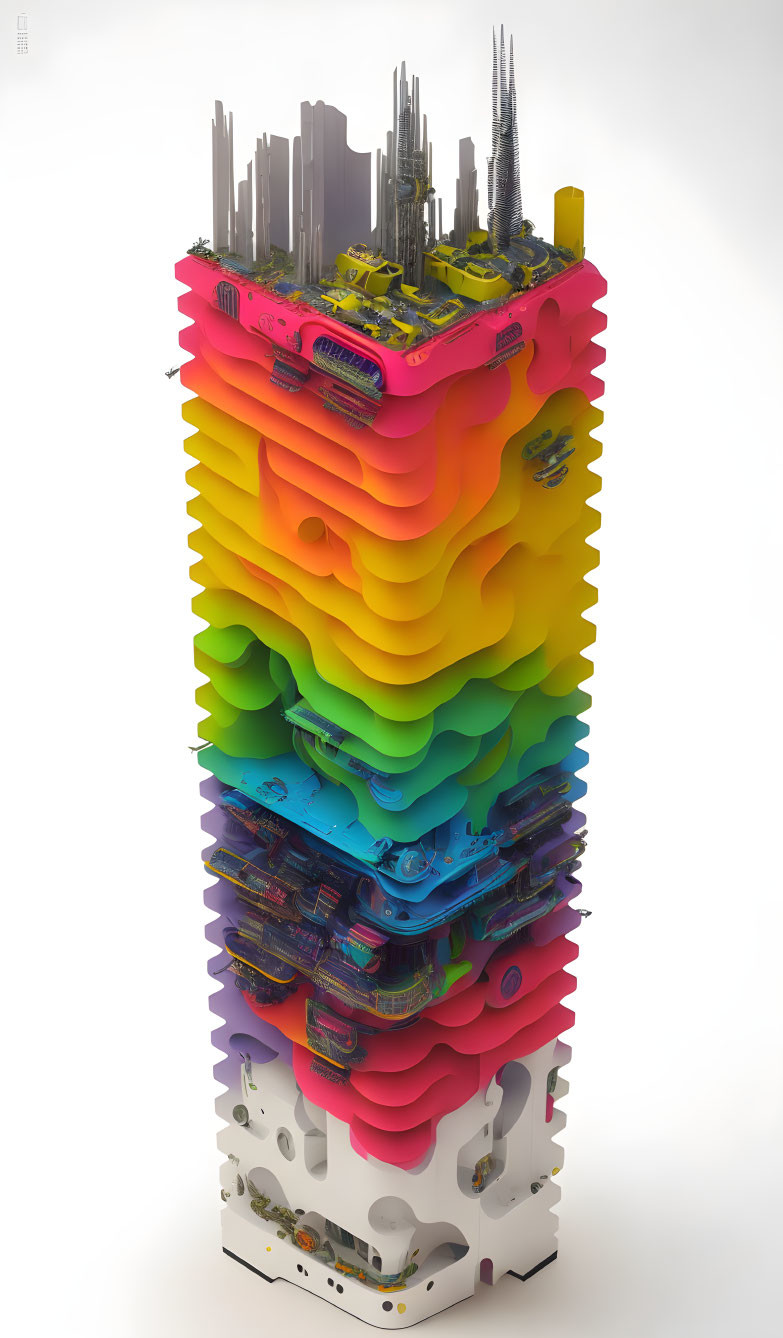 Colorful layered sculpture of melting landscapes with futuristic elements