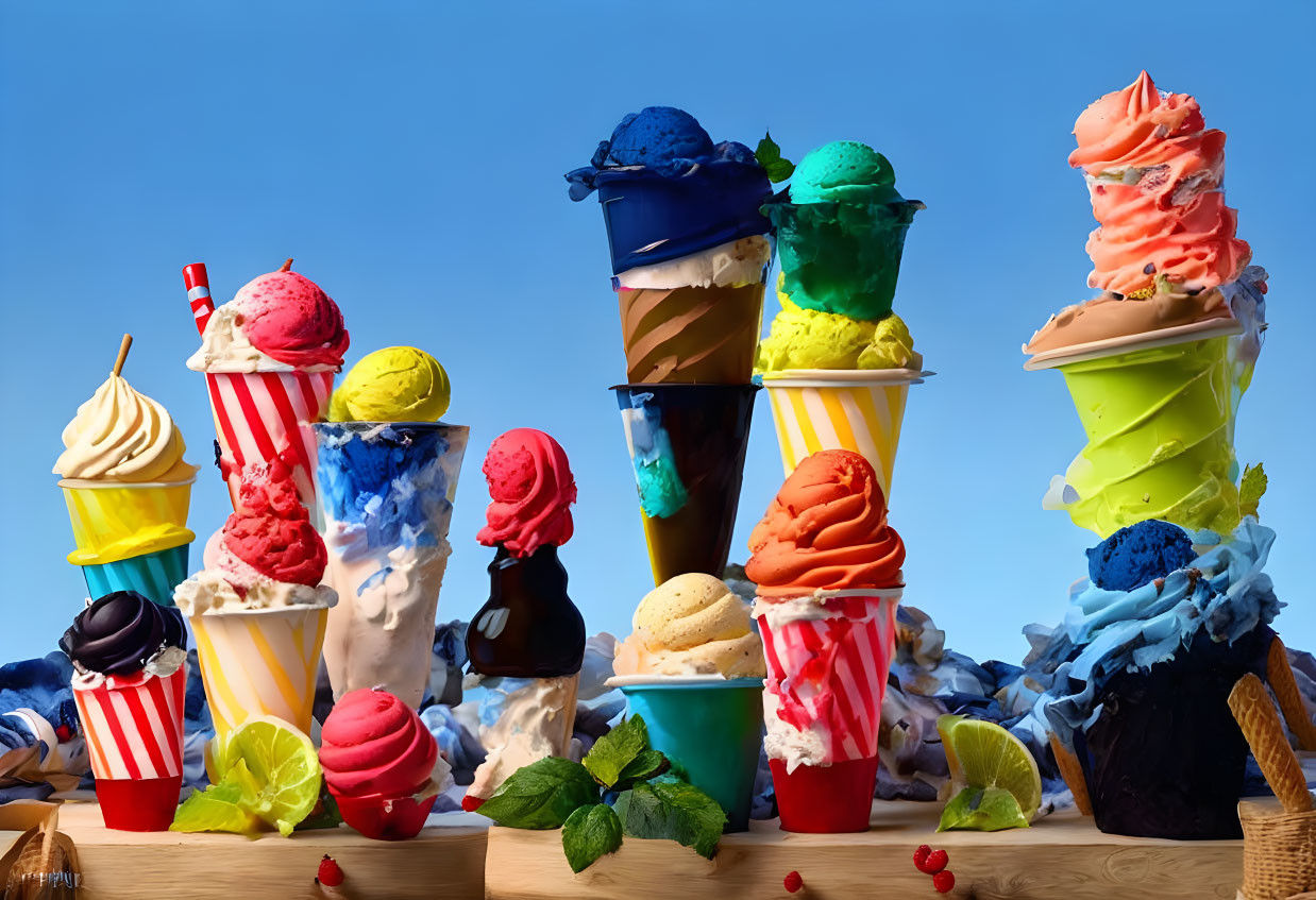 Assorted ice cream flavors in cones and cups on wooden surface