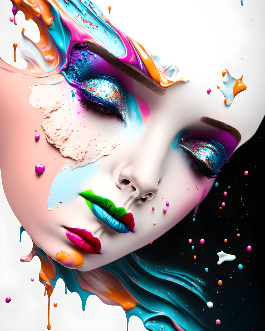 Vibrant surreal digital artwork: female face with flowing colors and textures
