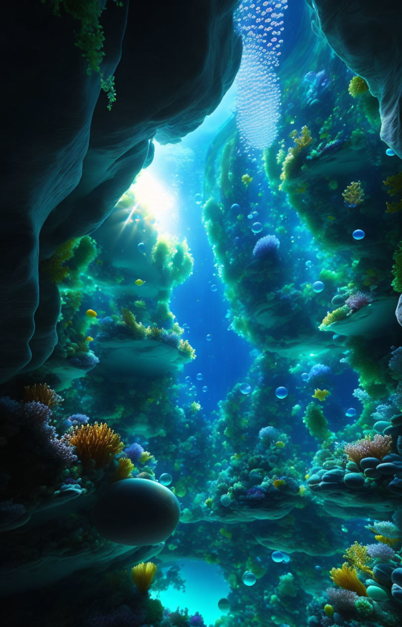 Colorful Coral and Marine Life in Sunlit Underwater Scene