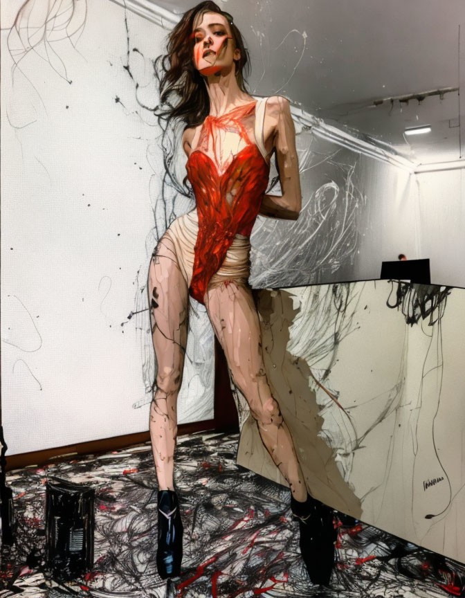 Stylized digital artwork of a woman in red and beige bodysuit in messy room