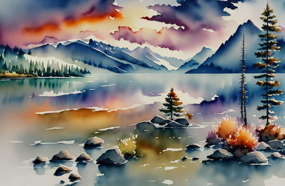 Mountainous Landscape Watercolor Painting with Sunrise Reflections