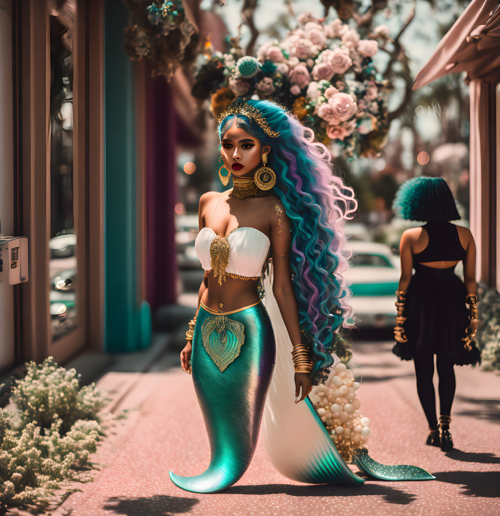 Colorful mermaid characters against urban floral backdrop