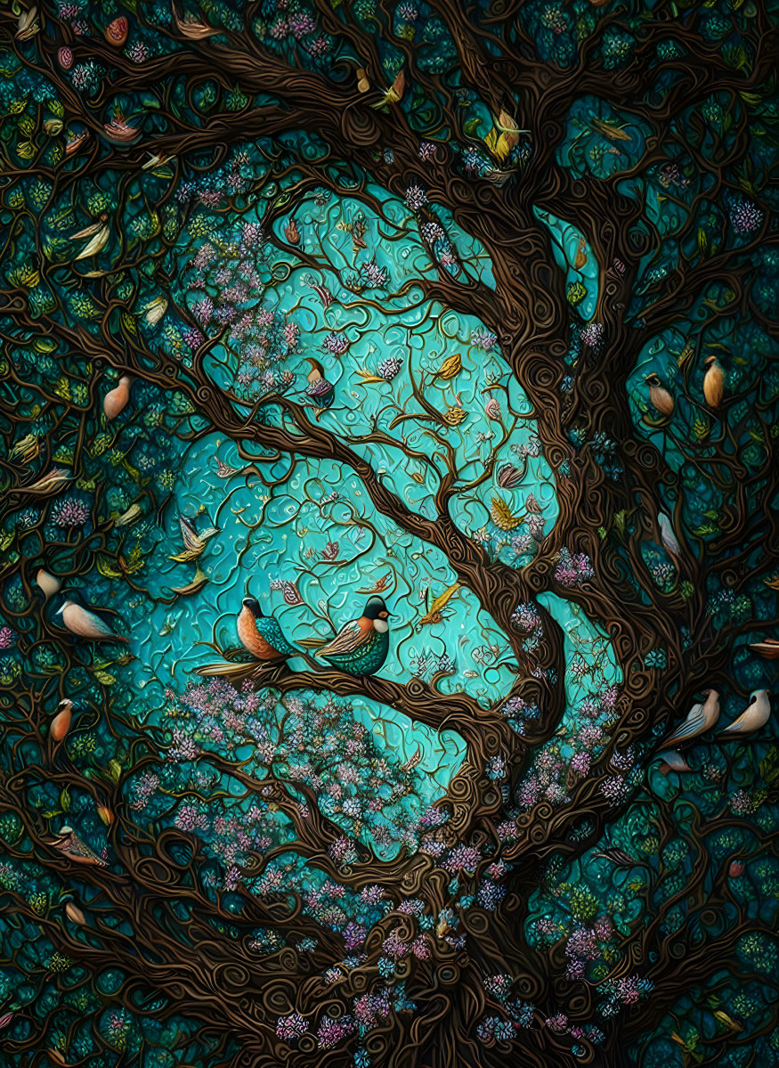 ai, birds, treeoflife, blossom, aqua, tree, paint