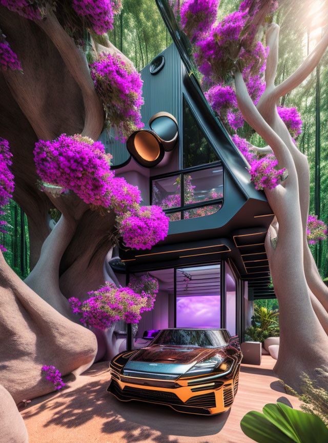 Contemporary house with large windows, purple-flowered trees, and futuristic car.