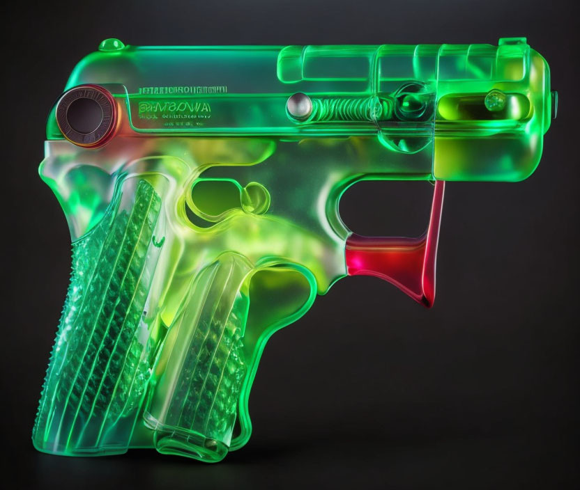 Translucent colorful toy gun with green, yellow, and red hues