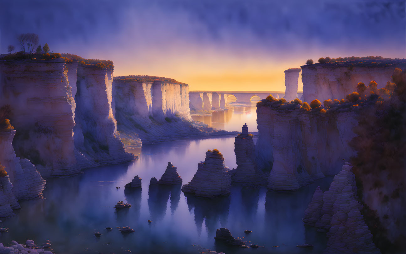 Tranquil river scene at dusk with steep cliffs and distant bridge