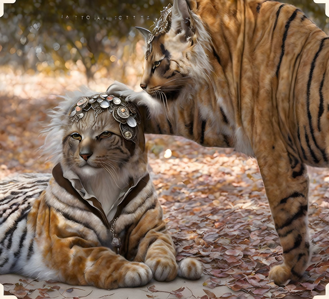 Fantasy image of ornately adorned tigers in autumn setting