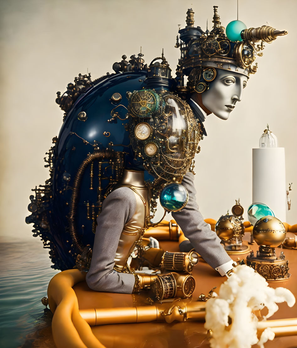 Surreal steampunk humanoid figure surrounded by candles and gears