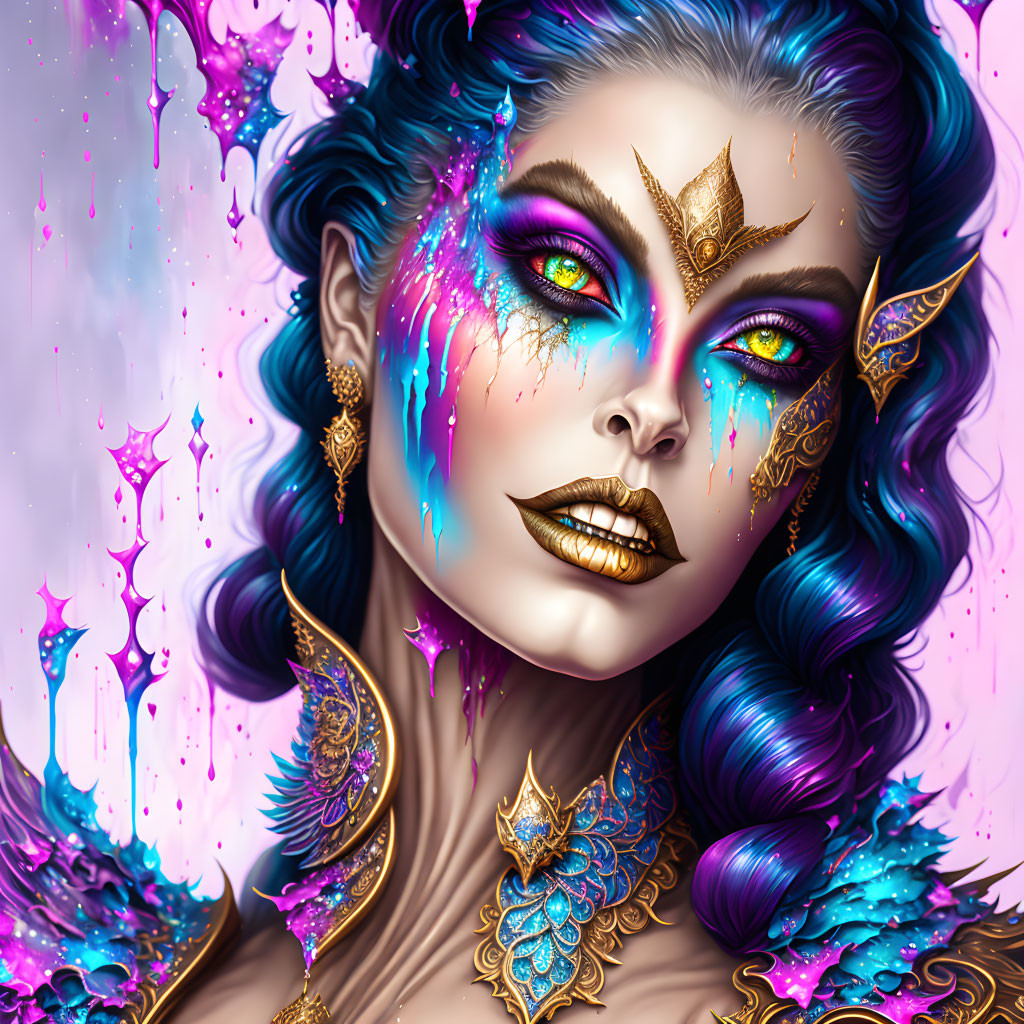 Colorful fantasy portrait of a woman with blue hair and elaborate gold makeup and jewelry