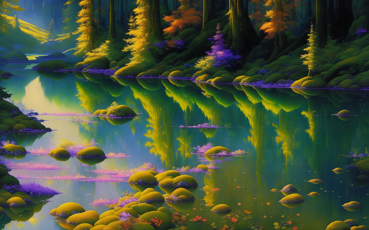 Colorful forest and mirror lake artwork with vivid trees and soft light