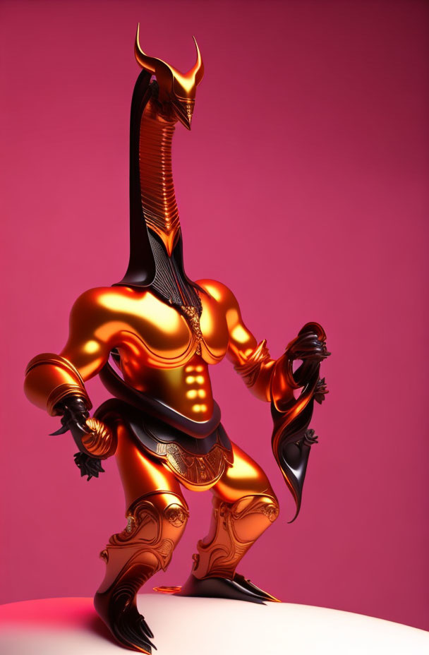 Metallic humanoid figure with bull horns on pink background