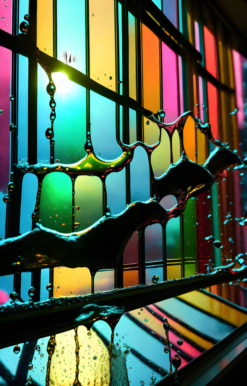 Vibrant stained glass window with water droplets and sunlight reflections