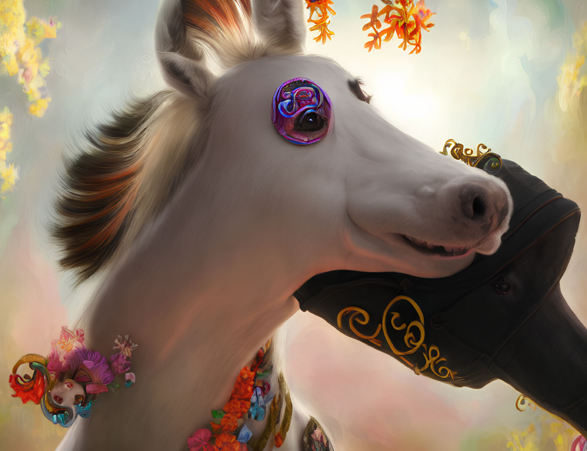 Colorful Smiling Horse Illustration with Fairy and Autumn Leaves