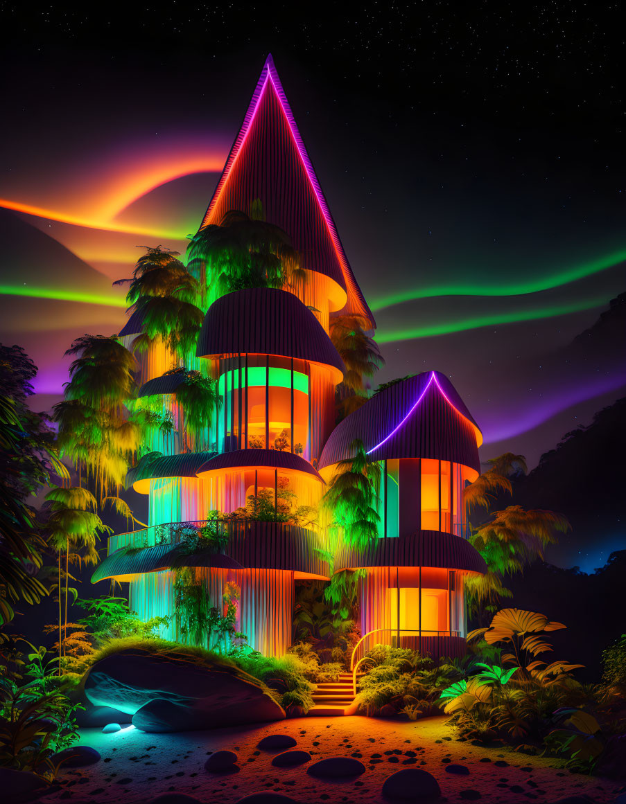 Futuristic house with neon colors in aurora borealis night scene