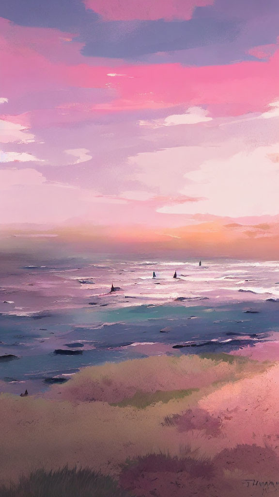 Tranquil beach sunset digital painting with pink and purple sky.