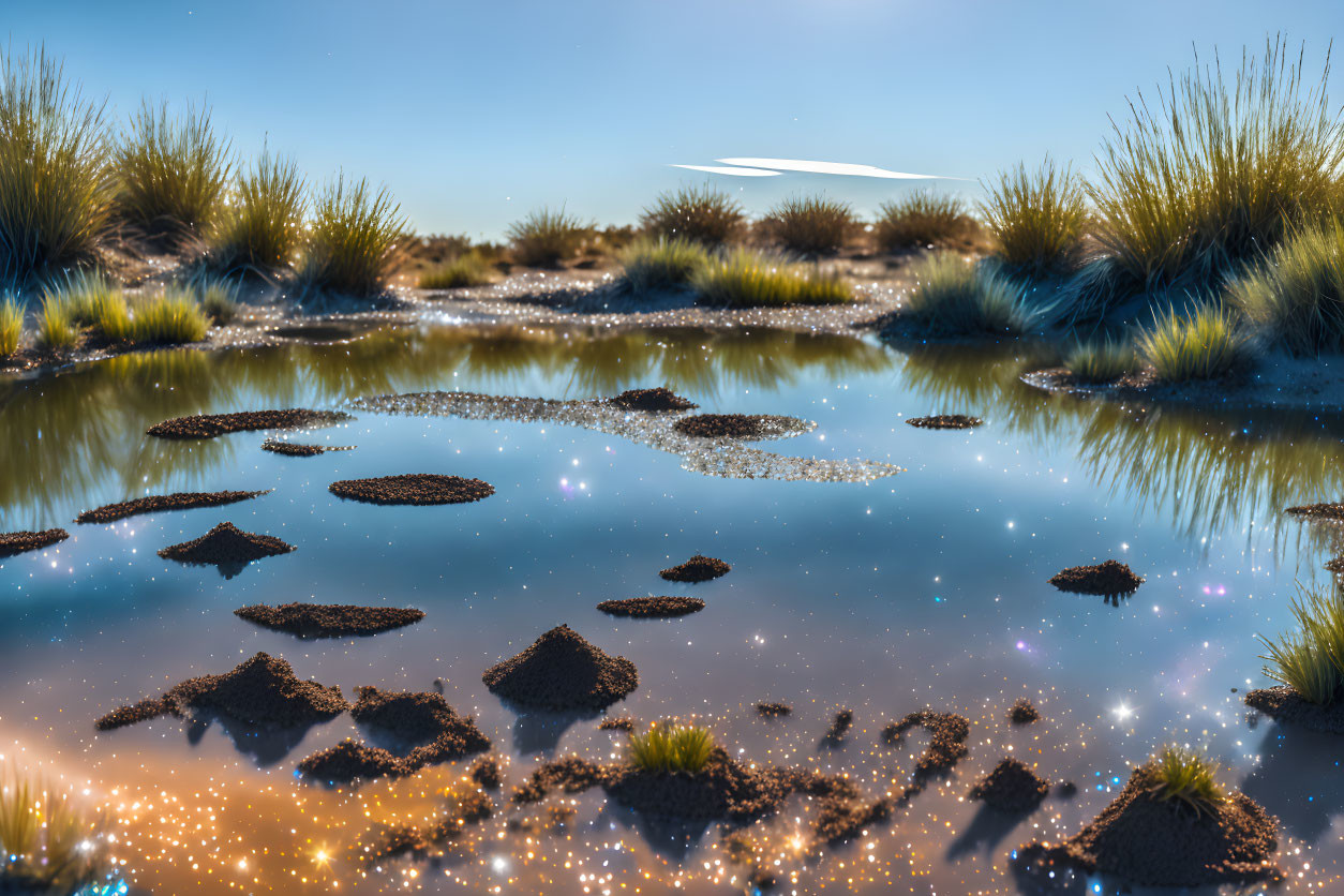 Tranquil waterbody reflecting sky and grassy tussocks with glints of light and earth