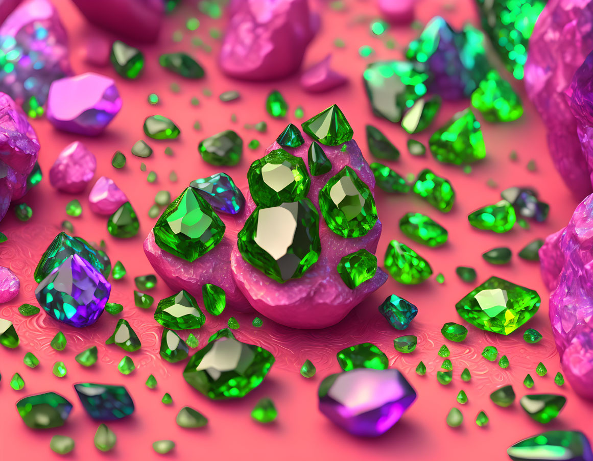 Assorted Emerald Gemstones and Crystals on Pink Surface