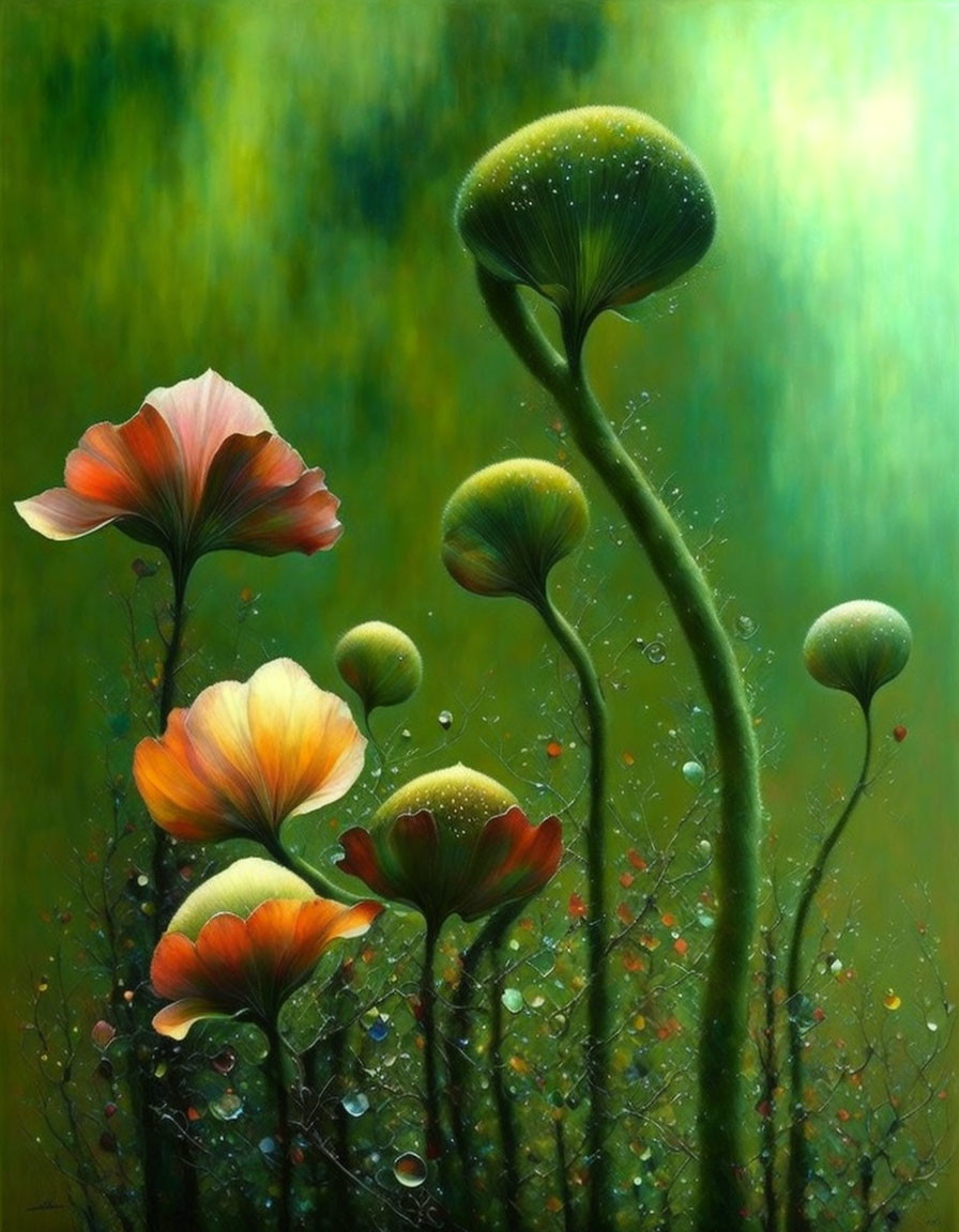 Colorful painting of stylized flowers and mushroom plants on a luminous green backdrop