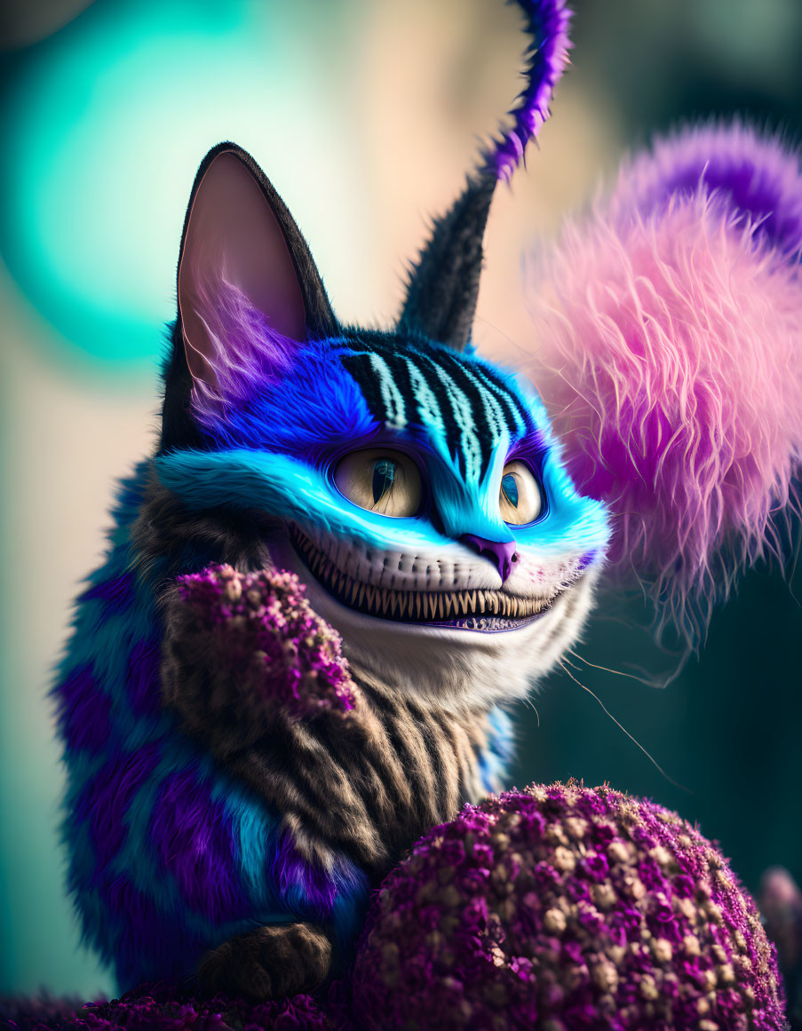 Whimsical 3D rendering of Cheshire Cat with vivid blue stripes