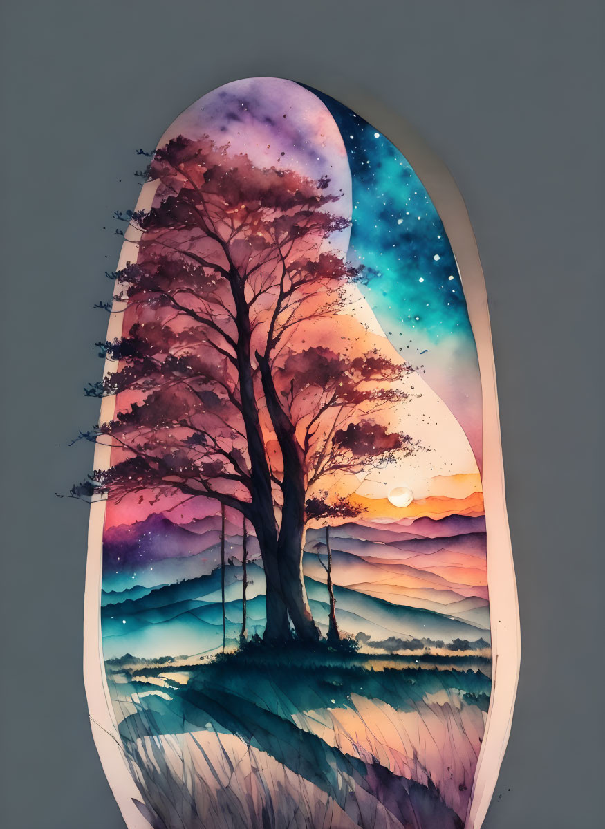 Colorful Watercolor Painting: Surreal Tree Silhouette, Galaxy Sky, Setting Sun