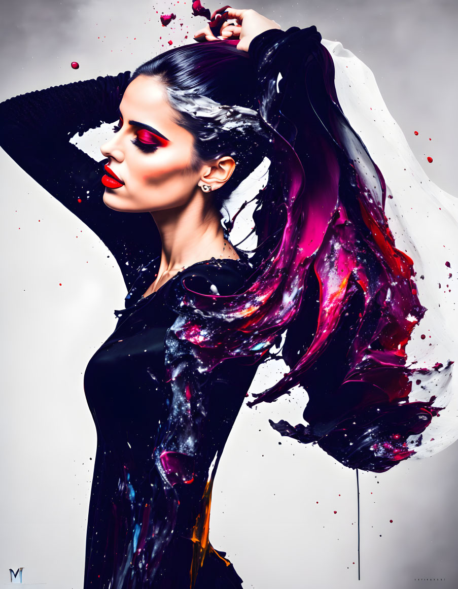 Striking makeup and dynamic pose with vibrant paint splashes