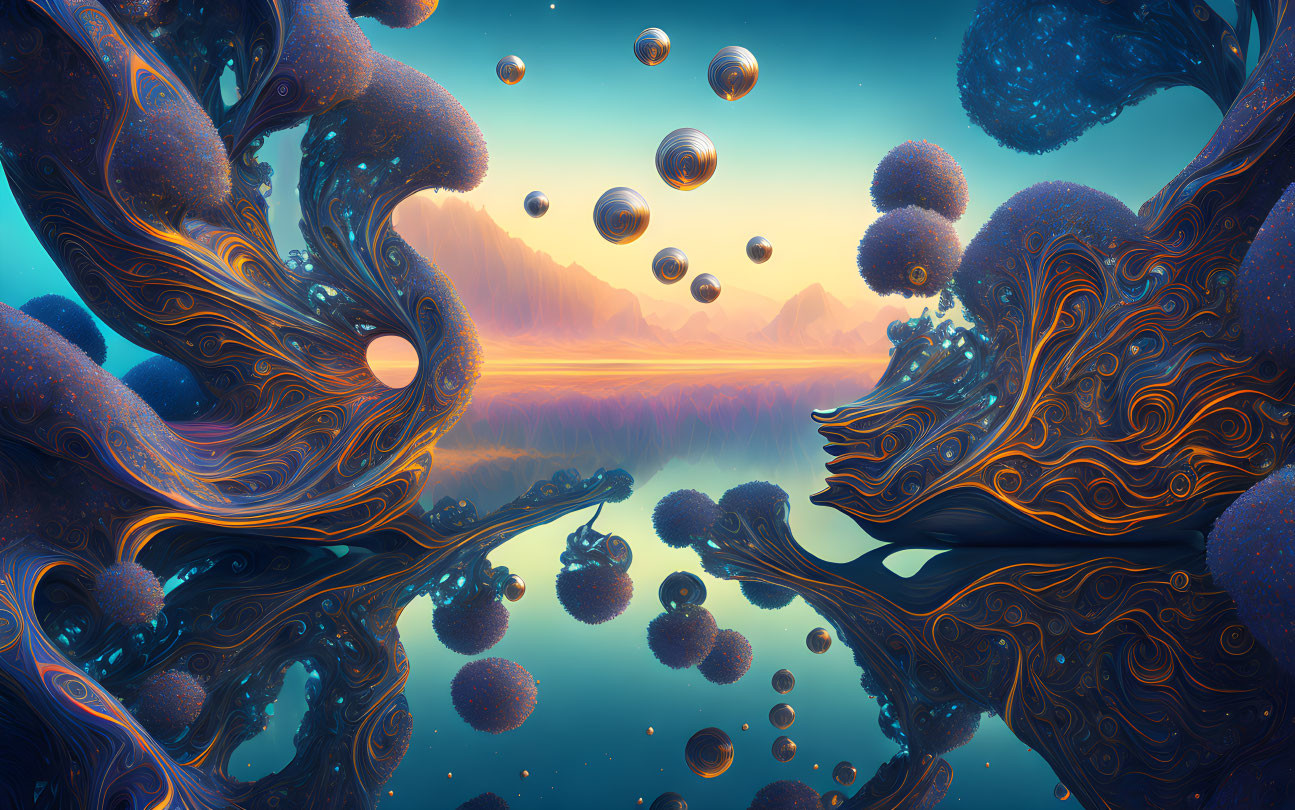 Fantastical landscape with swirling tree-like structures, floating spheres, serene twilight sky