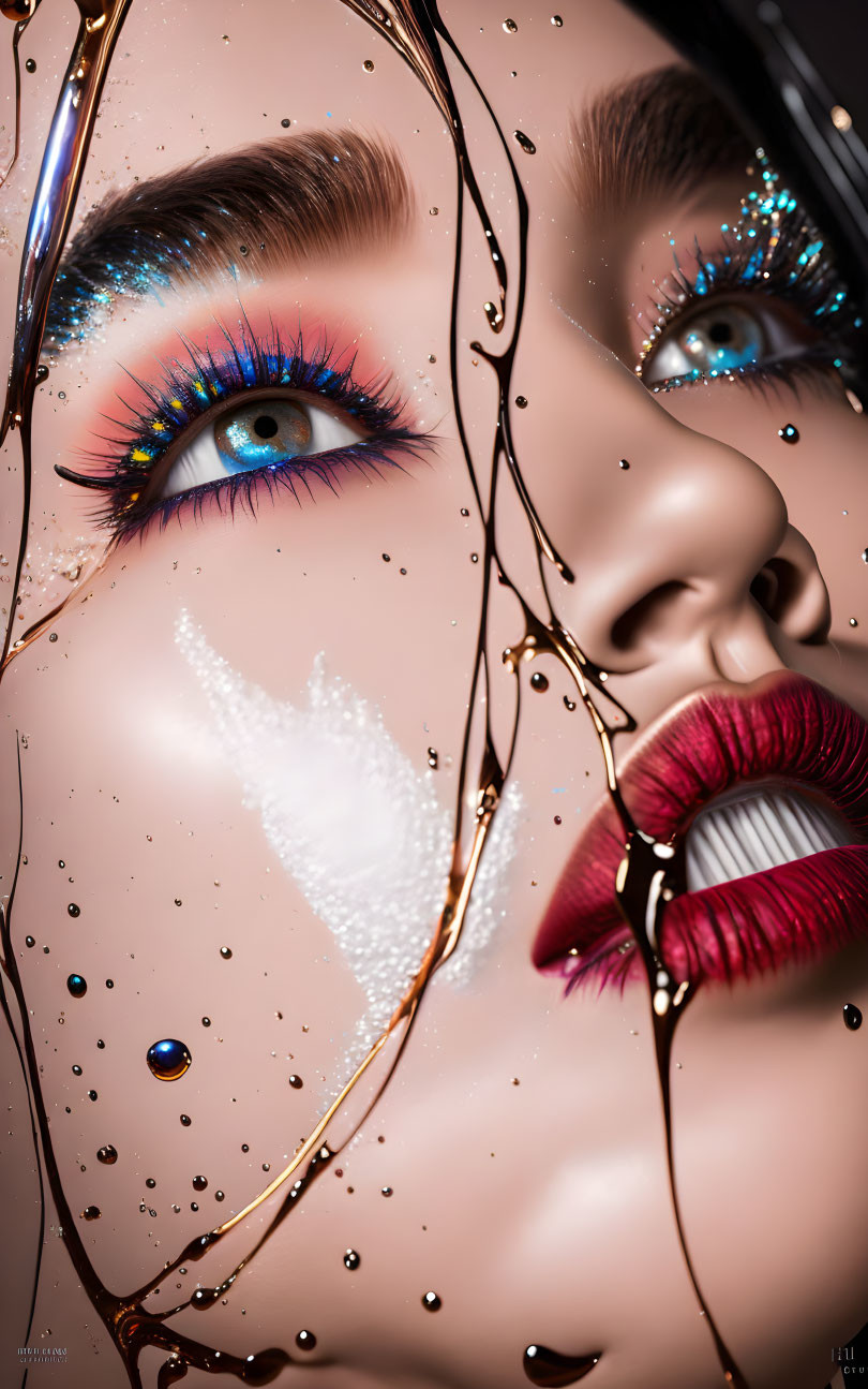 Colorful eye makeup and glossy lips on woman's face with liquid droplets.