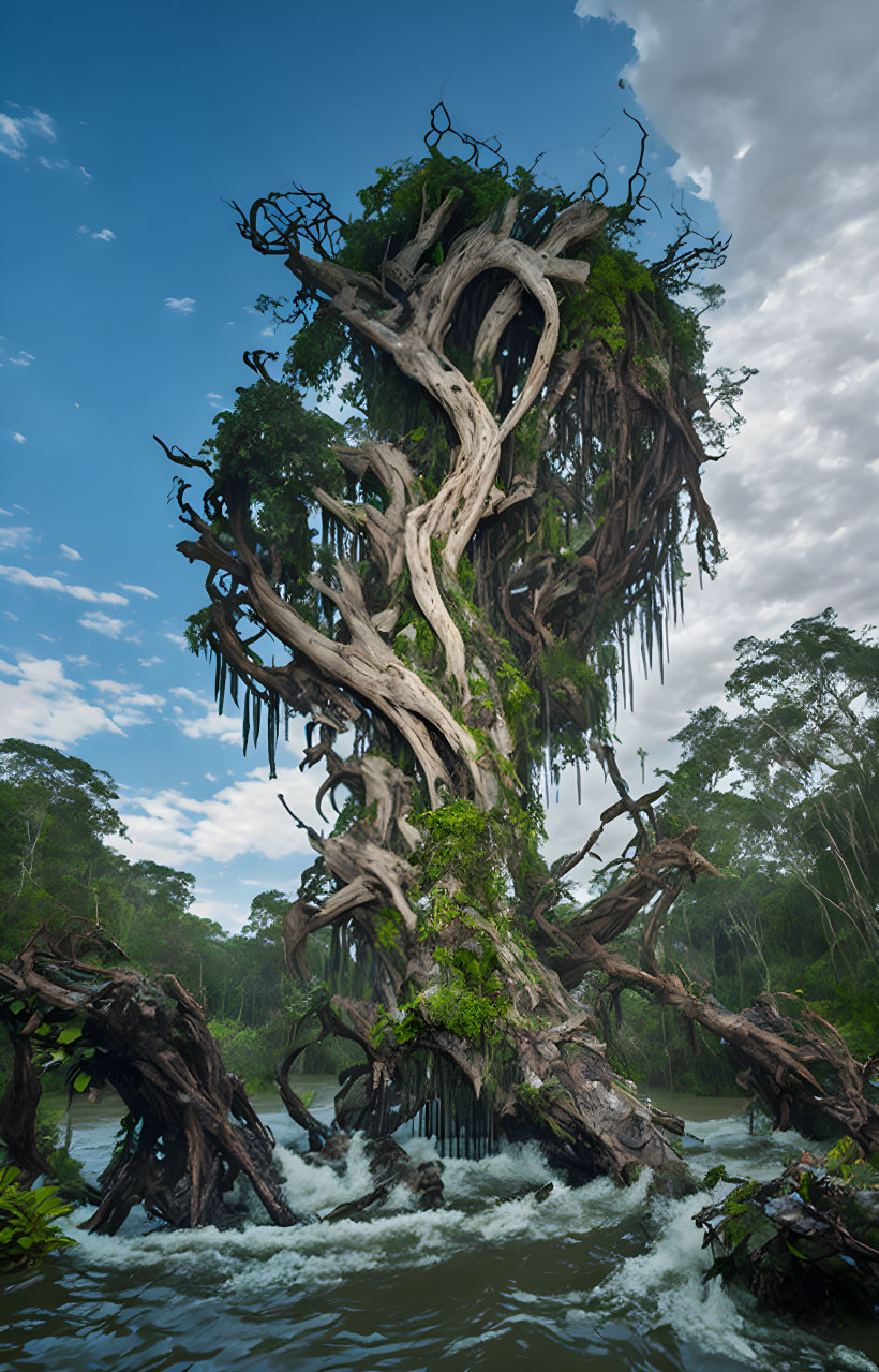 Majestic intertwined tree with gnarled roots in water under blue sky