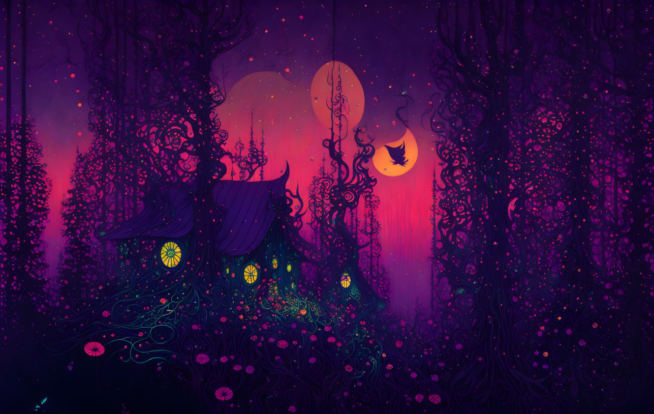 Enchanting dusk scene: mystical forest, vibrant purple tones, glowing flora.