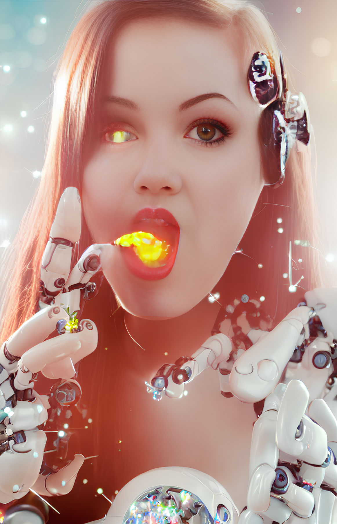 Luminescent-eyed woman with robotic hand in amber glow amidst bubbles and bokeh