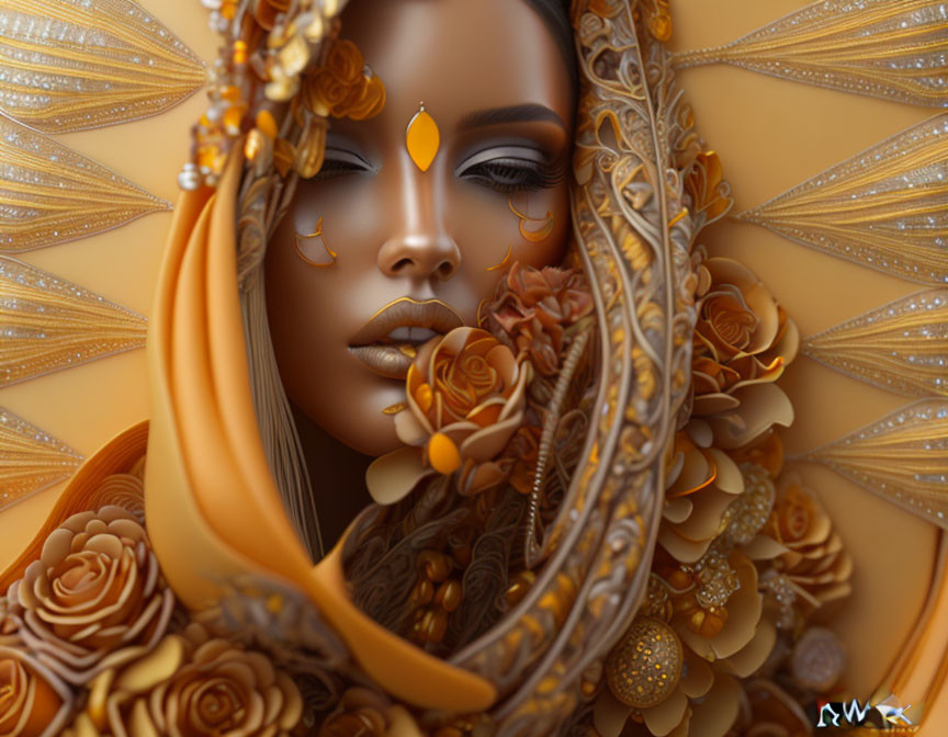 Detailed digital artwork: Woman with golden headdress & floral elements