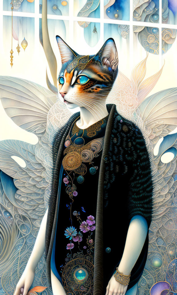 Anthropomorphic feline in celestial attire with intricate patterns and ornate backdrop