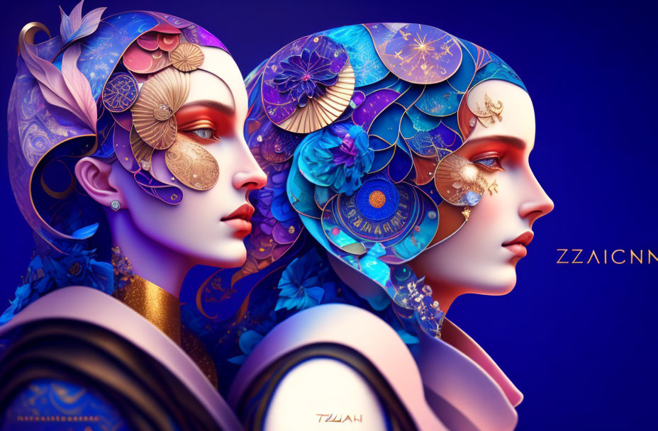 Stylized illustrated faces with metallic and floral details on blue-purple background