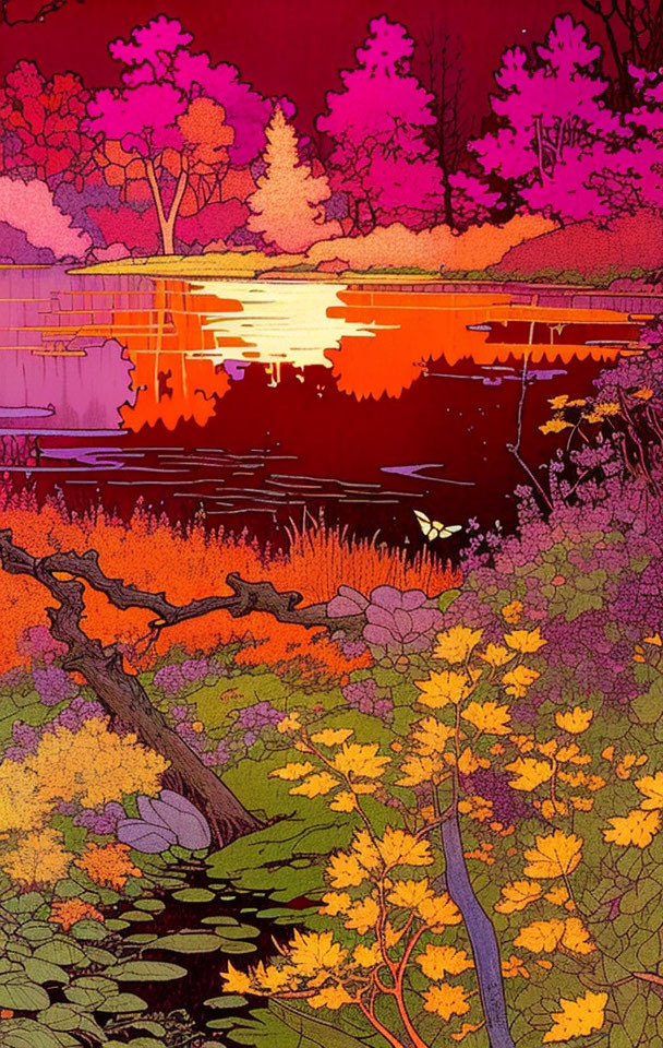 Colorful Lakeside Sunset Illustration with Silhouetted Trees