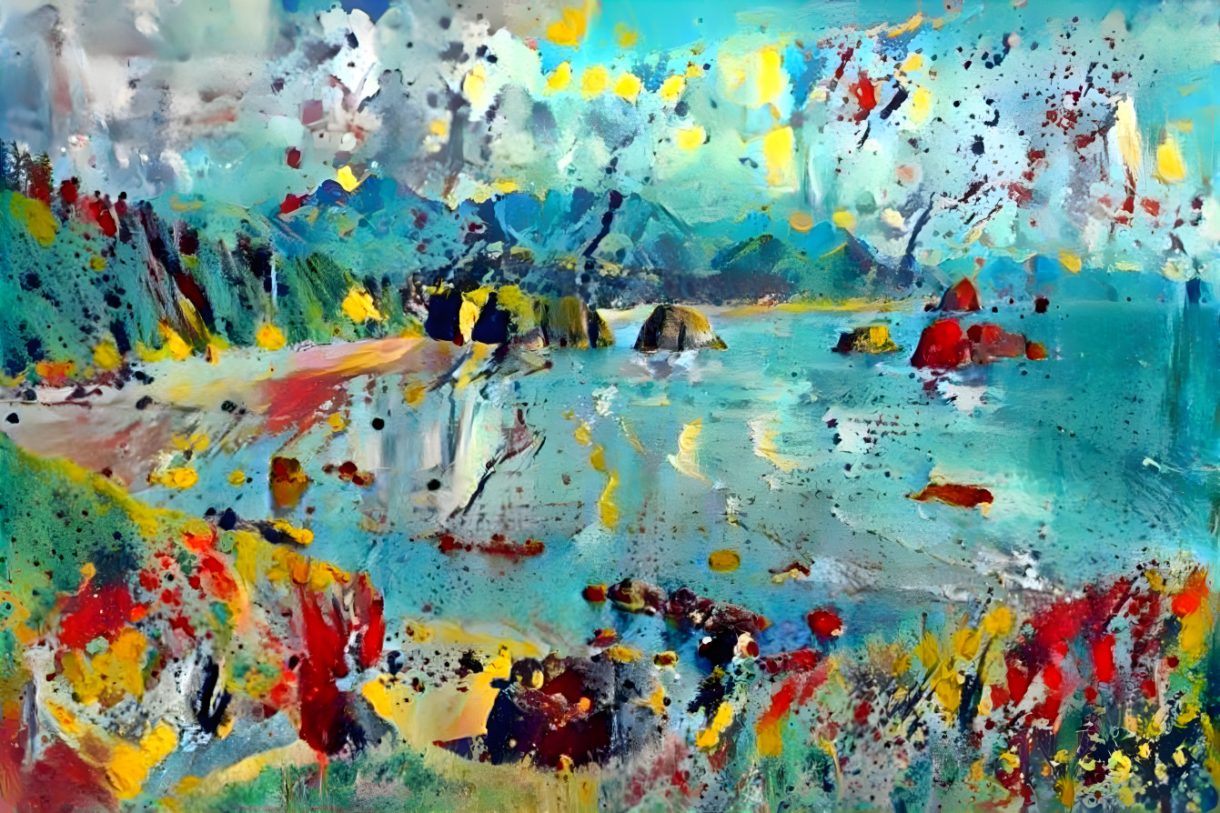 beach painting aqua, red, yellow, black, green