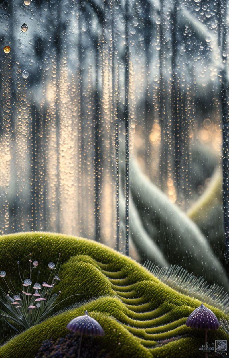 Dewy moss and purple fungi in rainy forest setting