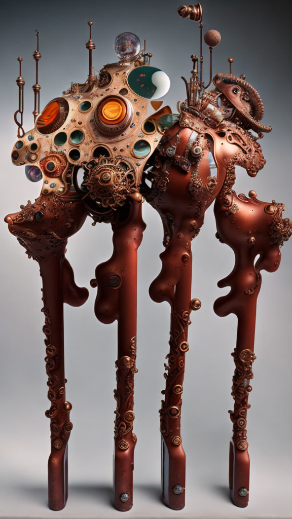 Steampunk-style octopus sculptures with gears and orbs on neutral background