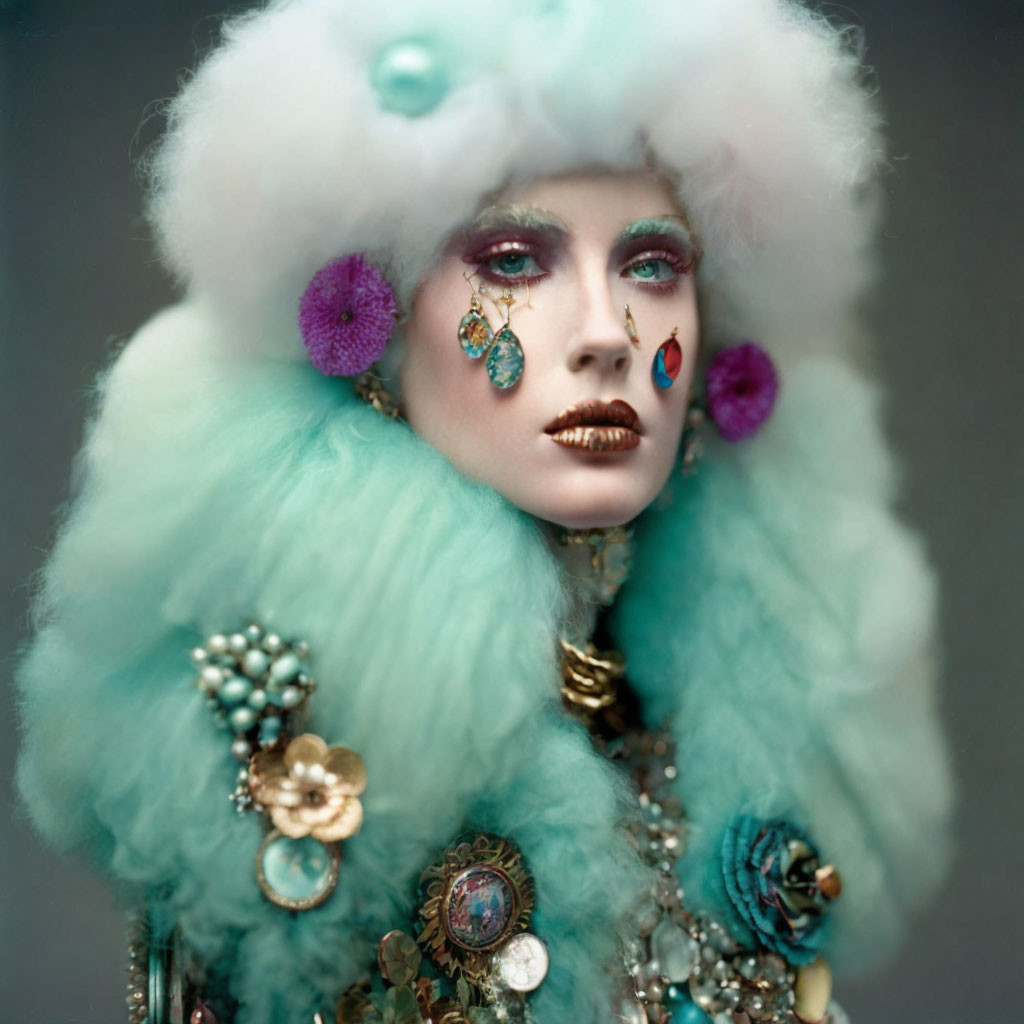 Elaborate White and Teal Fur Hat with Colorful Makeup