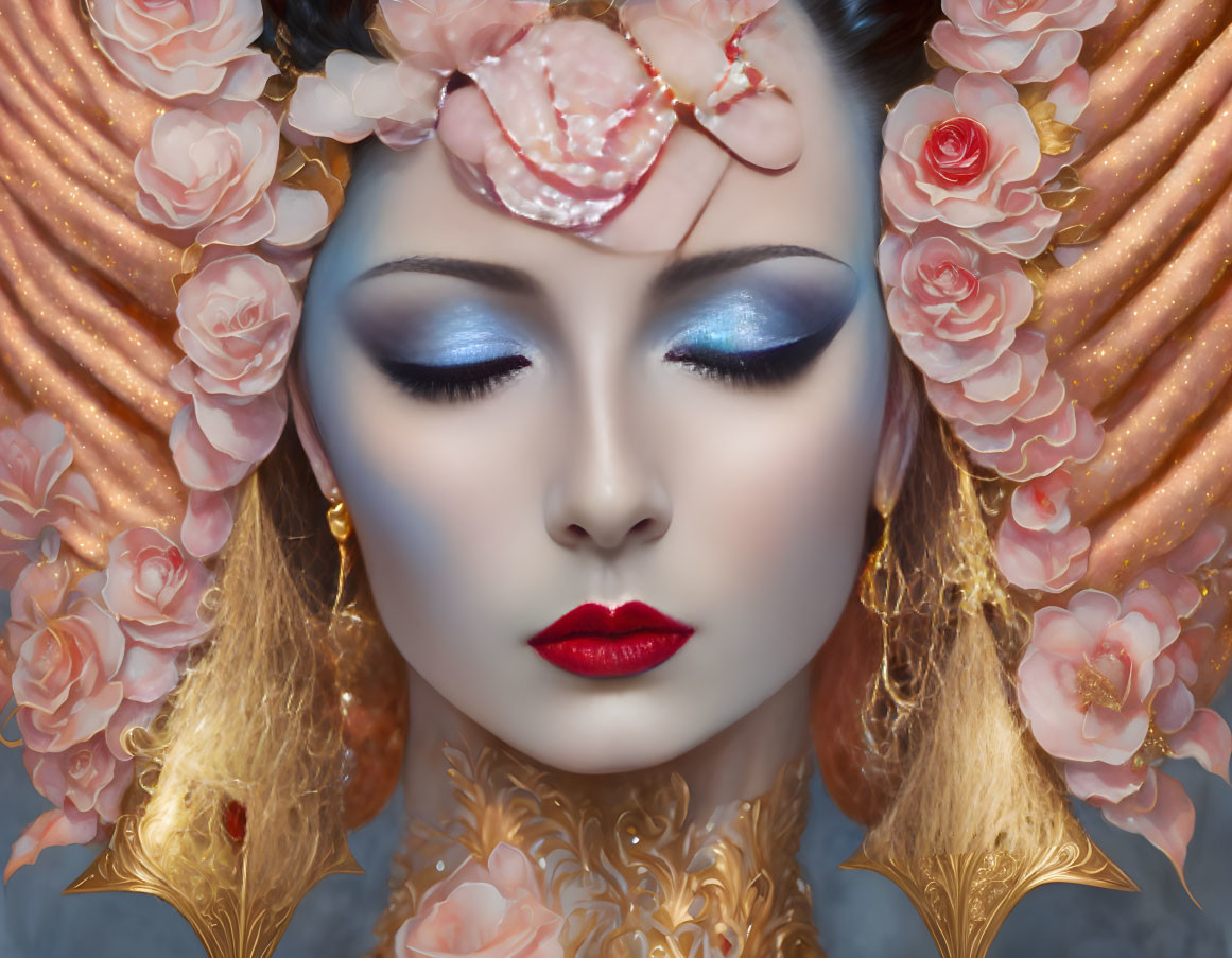 Artistic Makeup with Bright Blue Eyeshadow and Red Lipstick