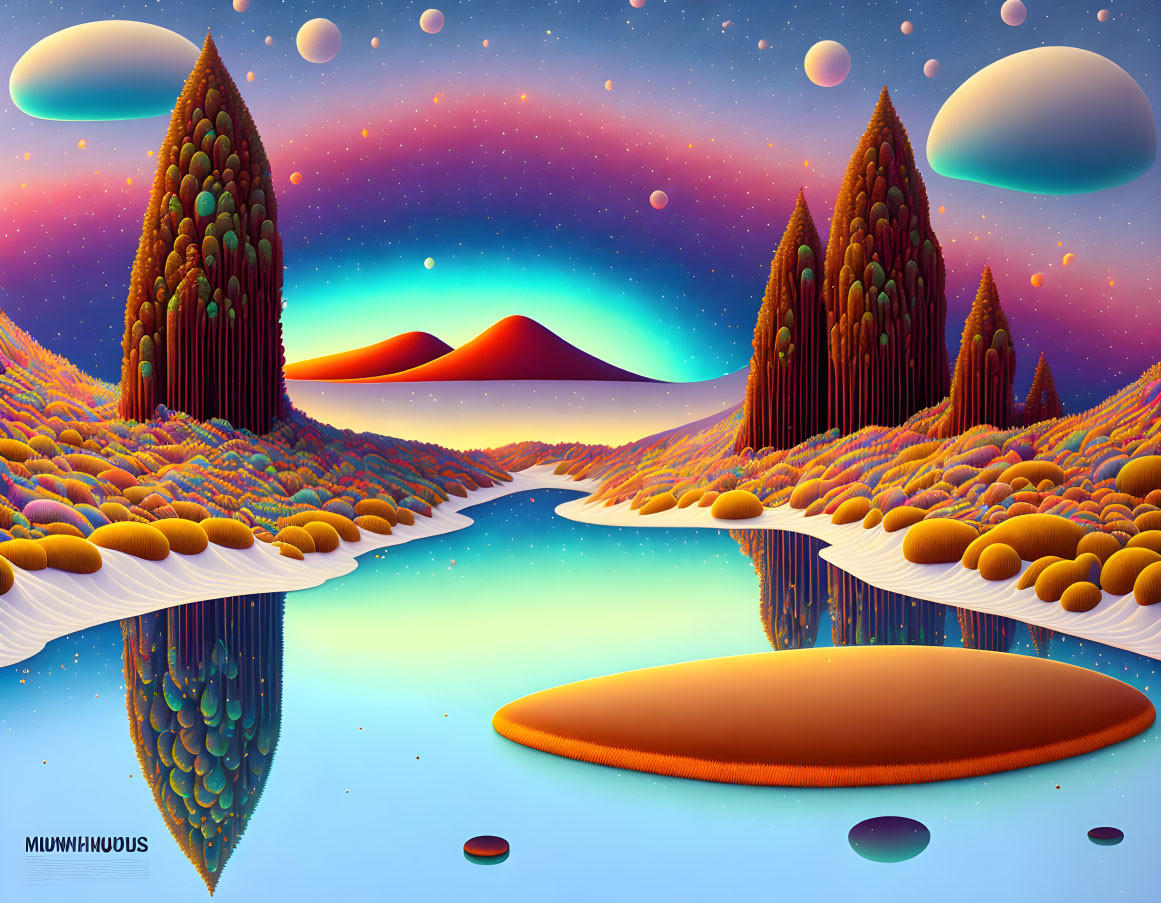 Colorful surreal landscape with patterned hills, reflective water, orbs, celestial sky