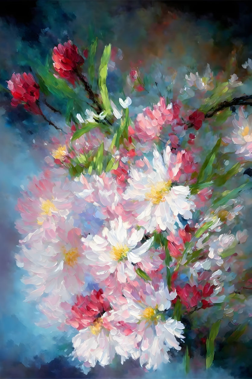 Vibrant white and pink flowers in impressionistic style