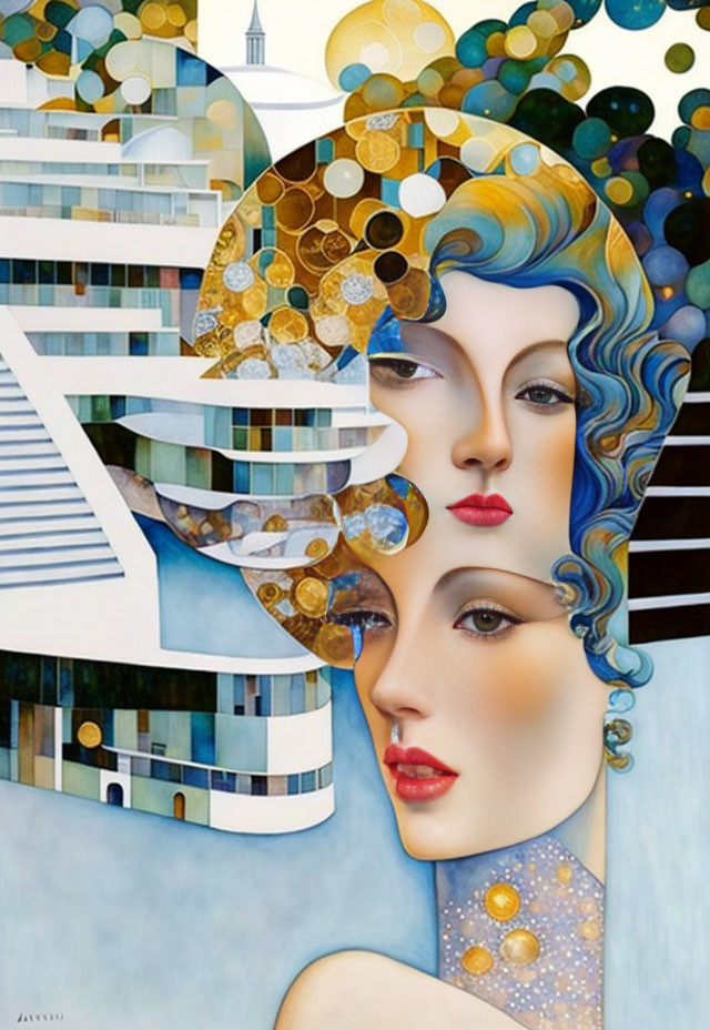 Abstract woman's face merging with cityscape in pastel hues