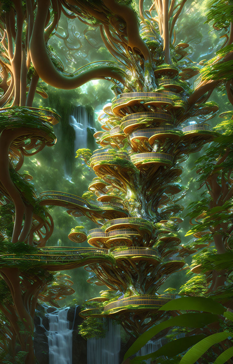 Fantastical tree with spiraling branches and waterfalls in lush setting