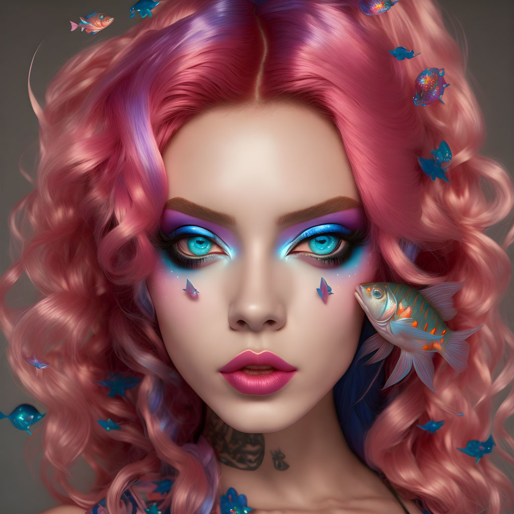 Vibrant pink hair woman with blue eyes, fish, aquatic makeup, and collarbone tattoo.